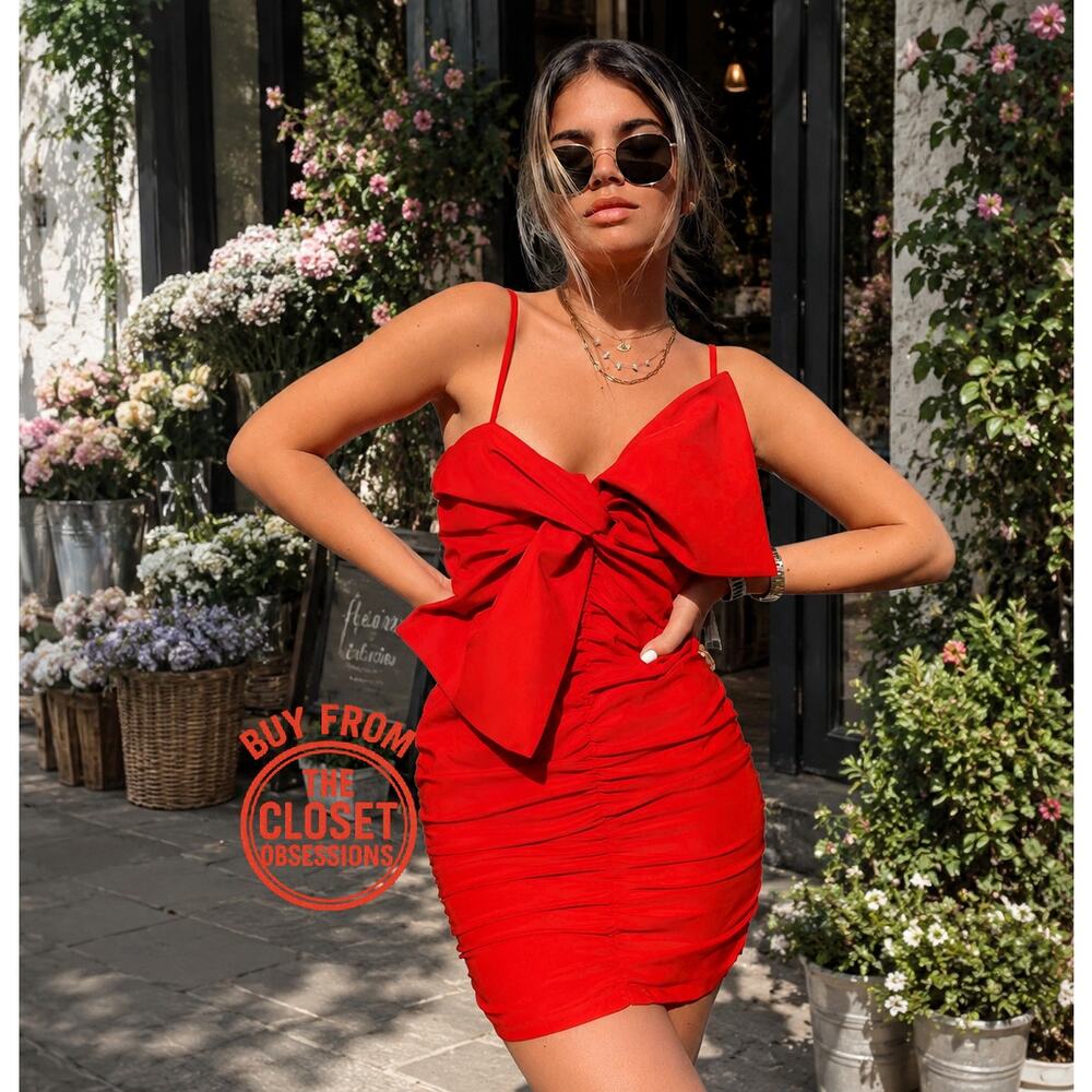 Zara Red Bow Mini Dress Ruched Bodycon Party Dress NWT - Picture 2 of 16